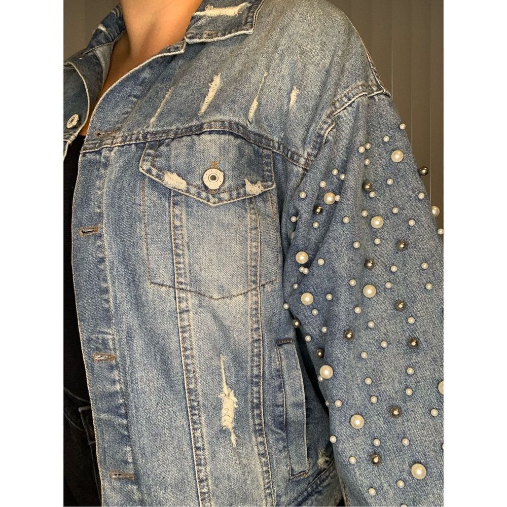 Elan Distressed Blue Denim Jacket with Pearl Embellishments - Picture 4 of 14